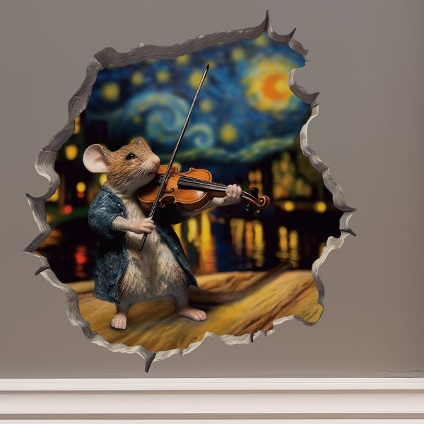 The Starry Night Violin Mouse in Mouse Hole Decal - Mouse Hole 3D Wall Sticker