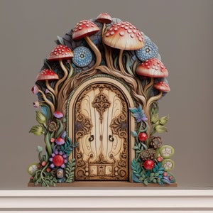May include: A decorative fairy door featuring a detailed design. The door is adorned with red-capped mushrooms with white spots, and colorful flowers and foliage. The door is made of wood and has intricate carvings.
