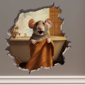 Bathroom Mouse in Towel in Mouse Hole Decal - Mouse Hole 3D Wall Sticker