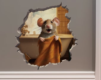 Bathroom Mouse in Towel in Mouse Hole Decal - Mouse Hole 3D Wall Sticker