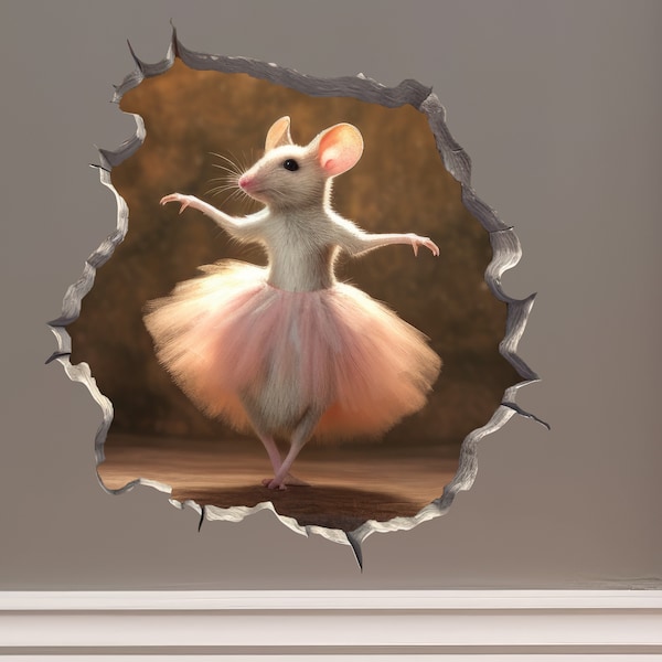 Ballerina Mouse in Mouse Hole Decal - Mouse Hole 3D Wall Sticker