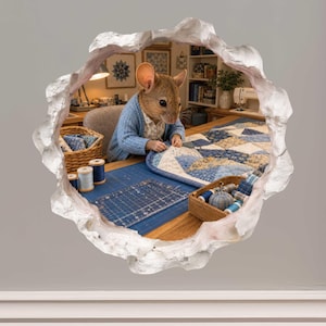 May include: A wall decal featuring a circular hole in the wall revealing a mouse wearing a blue cardigan, sitting at a wooden table and sewing a blue and white patchwork quilt. The scene includes spools of thread, a cutting mat, and a basket.
