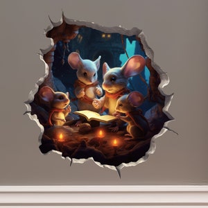 Reading Mouse Family in Mouse Hole Decal - Mouse Hole 3D Wall Sticker