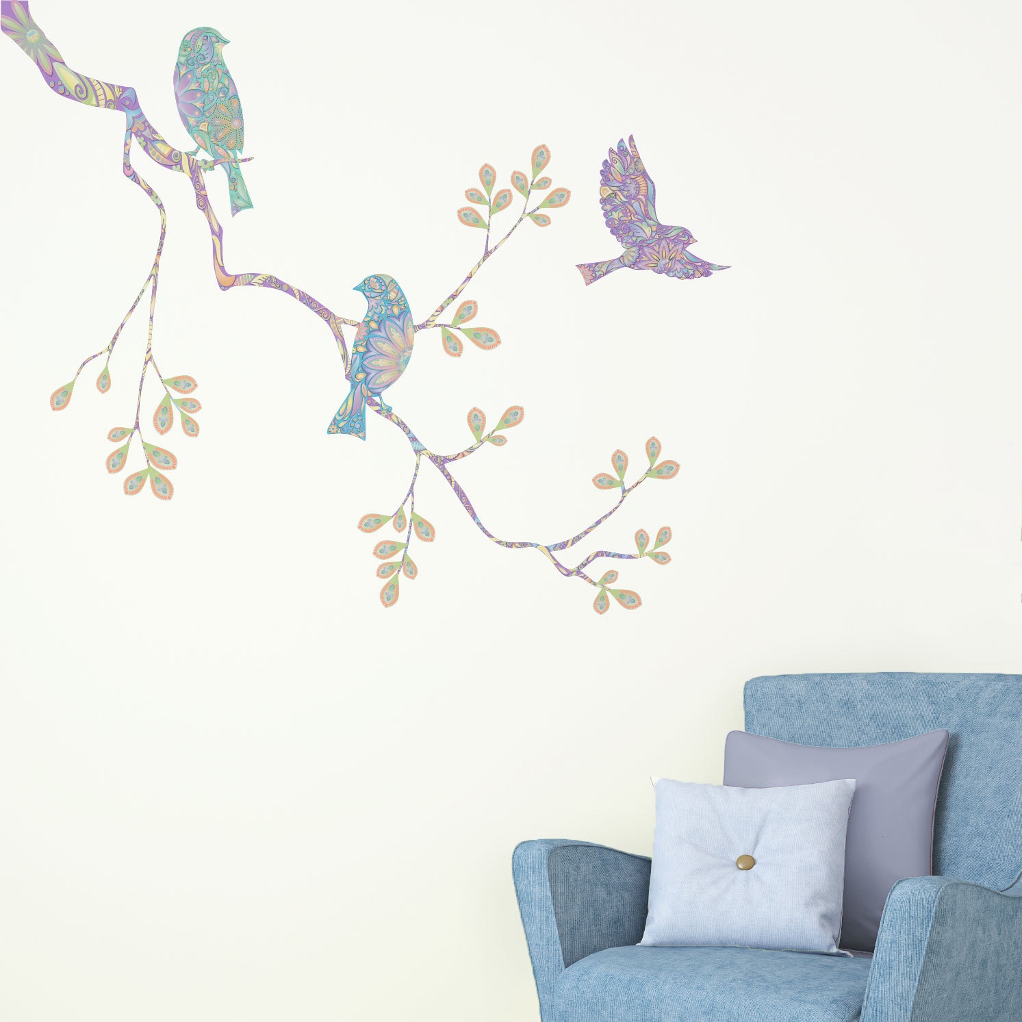 Pastel Birds on Tree Branch Wall Decal Set - Etsy