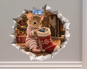 Christmas Stocking Surprise Mouse Hole Wall Decal - 3D Effect, Surface Safe & Removable - Made in USA by Wallington Mice