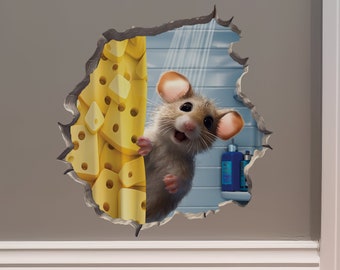 Souris de douche dans le décalque de trou de souris - Autocollant mural 3D de trou de souris