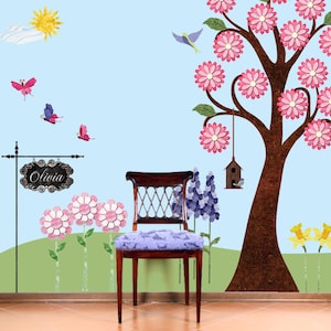 Flower Garden Wall Decals for Nursery & Girls Room Wall Mural - Large Tree, Flowers, Butterflies - JUMBO SET