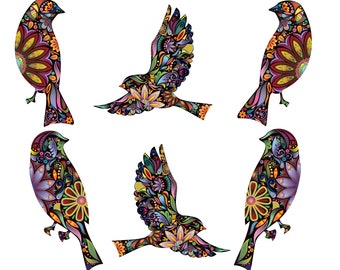 Bird Decals - Set of 6 Flying and Sitting Bird Wall Stickers in Beautiful Floral Pattern (sku: 153-stick)