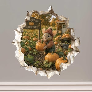May include: A wall decal featuring a trompe l'oeil hole in the wall revealing a scene of a mouse wearing a brown knit hat and green overalls holding a pumpkin in a patch. A sign reads "INGTON PUMPKIN PATCH" and another says "PICK YOUR PERFECT PUMPKIN".