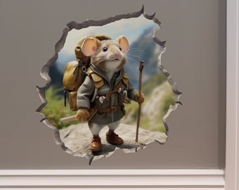 Spring Hiker Mouse in Mouse Hole Decal - Mouse Hole 3D Wall Sticker