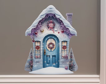 Christmas Village Wall Sticker - Purple Snowy Winter Wonderland Door with Christmas Trees