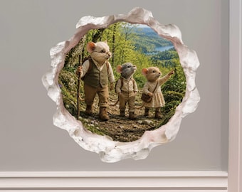 Grandpa and Grandchildren Hiking Mouse Hole Decal - 3D Effect, Surface Safe & Removable - Made in USA by Wallington Mice