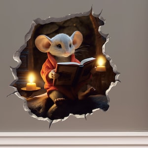 May include: A white mouse wearing a red robe sits in a hole in a wall, reading a book by candlelight.