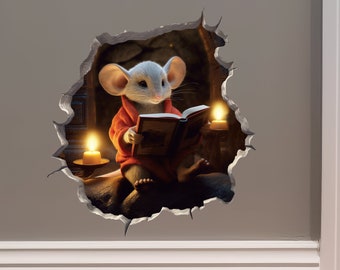 Reading Mouse in Mouse Hole Decal - Mouse Hole 3D Wall Sticker
