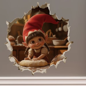May include: A red-hatted elf with brown hair kneads dough on a wooden table in a kitchen setting. The elf is wearing a red hat and a brown and white dress. The elf is smiling and looking at the camera.