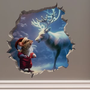 Santa Claus Mouse and Reindeer in Mouse Hole Decal - Mouse Hole 3D Wall Sticker