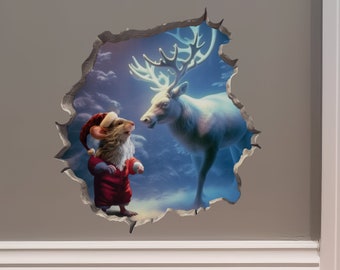 Santa Claus Mouse and Reindeer in Mouse Hole Decal - Mouse Hole 3D Wall Sticker