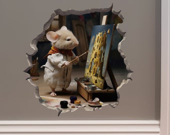 Painter Artist Mouse in Mouse Hole Decal - Mouse Hole 3D Wall Sticker