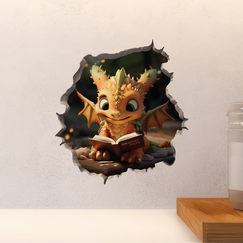 Dragon Reading in Wall Hole Decal Mouse Hole 3D Wall Sticker image 5