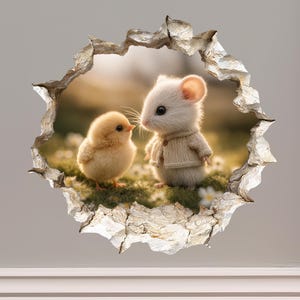 May include: A charming illustration features a fluffy yellow chick and a white mouse wearing a sweater, set against a backdrop of grass and flowers. The image is framed by a torn wall, creating a whimsical, storybook feel.