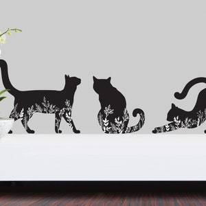 Cat Decals - Black and White Floral Silhouette - Set of 3 Cat Stickers