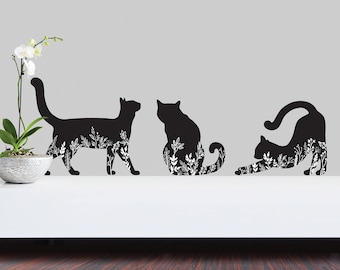 Cat Decals - Black and White Floral Silhouette - Set of 3 Cat Stickers