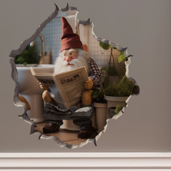 Gnome on Toilet in Wall Hole Decal - Mouse Hole 3D Wall Sticker