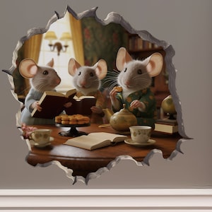 May include: Three cartoon mice are sitting at a table with a teapot, teacups, and a plate of cookies. The mice are wearing clothes and are reading books. The scene is depicted as a 3D image, appearing as if it is bursting out of the wall.