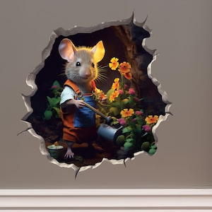 Gardener Mouse in Mouse Hole Decal - Mouse Hole 3D Wall Sticker