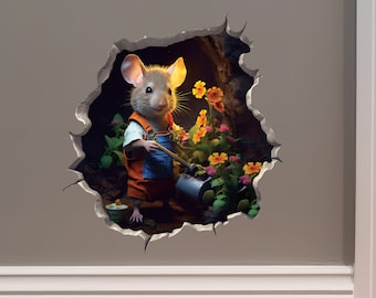 Gardener Mouse in Mouse Hole Decal - Mouse Hole 3D Wall Sticker