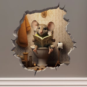 Mouse Sitting on Toilet in Mouse Hole Decal Mouse Hole 3D Wall Sticker zdjęcie 1