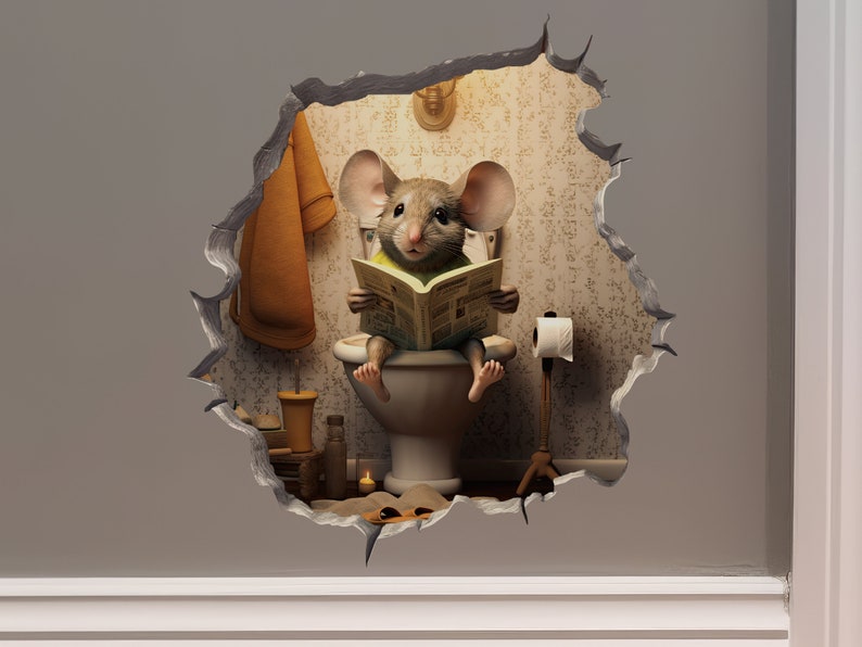 Mouse Sitting on Toilet in Mouse Hole Decal Mouse Hole 3D Wall Sticker zdjęcie 1