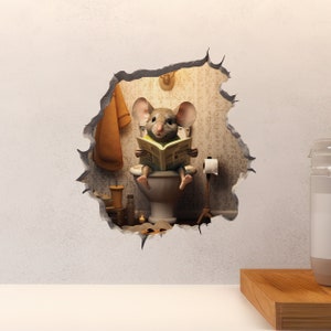 Mouse Sitting on Toilet in Mouse Hole Decal Mouse Hole 3D Wall Sticker zdjęcie 5