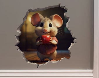 Apple Mouse in Mouse Hole Decal - Mouse Hole 3D Wall Sticker