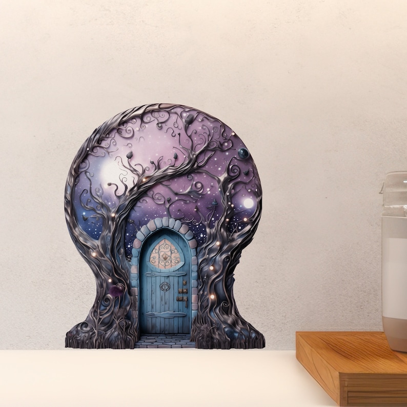 Starry Nebula Sky with Tree House Moon Decor Fairy Door 3D Wall Sticker image 8