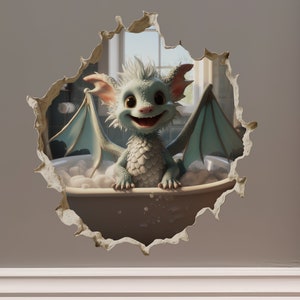 Dragon in Bathtub in Wall Hole Decal - Mouse Hole 3D Wall Sticker