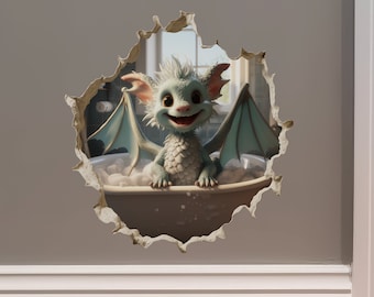 Dragon in Bathtub in Wall Hole Decal - Mouse Hole 3D Wandaufkleber