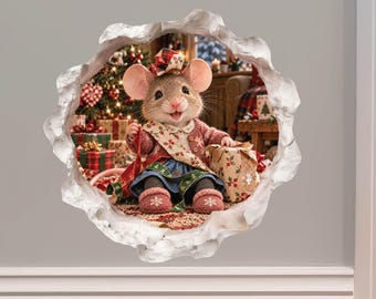 Christmas Gift Wrapping Mouse Hole Decal - 3D Effect, Surface Safe & Removable - Made in USA by Wallington Mice