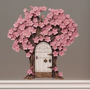 May include: A pink ceramic wall sculpture of a tree with a white door. The tree has a detailed, textured bark and pink blossoms.