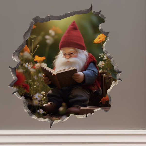 Reading Gnome in Wall Hole Decal - Mouse Hole 3D Wall Sticker