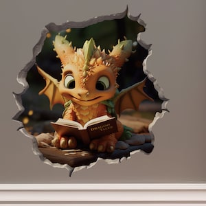 Dragon Reading in Wall Hole Decal - Mouse Hole 3D Wall Sticker