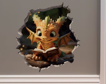 Dragon Reading in Wall Hole Decal - Mouse Hole 3D Wall Sticker