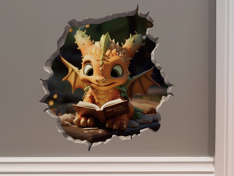 Dragon Reading in Wall Hole Decal Mouse Hole 3D Wall Sticker image 1