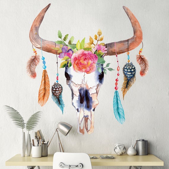 Bull Cow Skull Dreamcatcher Decal With Flowers and Feathers Etsy