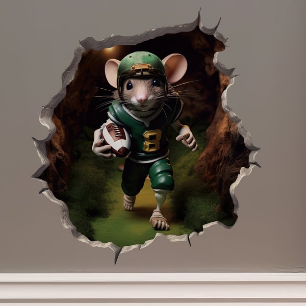 Football Mouse in Mouse Hole Decal - Mouse Hole 3D Wall Sticker