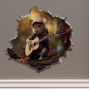 Acoustic Guitar Mouse in Mouse Hole Decal - Mouse Hole 3D Wall Sticker