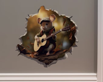 Akoestische gitaarmuis in Mouse Hole Decal - Mouse Hole 3D Wall Sticker