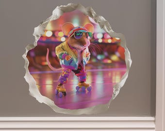 Könnte beinhalten: Eine Illustration einer Maus mit Sonnenbrille, bunter Jacke und Rollschuhen. Der Hintergrund ist verschwommen und zeigt Lichter, die eine Tanzfläche oder Bühne andeuten. Das Bild wird von einer durchbrochenen Wand umrahmt.