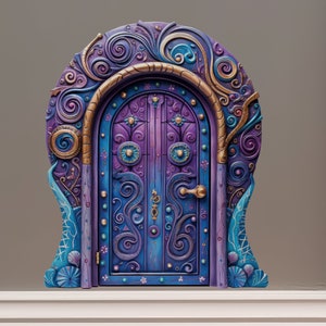 Adesivo da parete 3D con porta fatata magica viola e mago fantasy