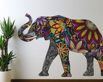 Elephant Decal Wall Decor - Colorful Floral Elephant Graphic